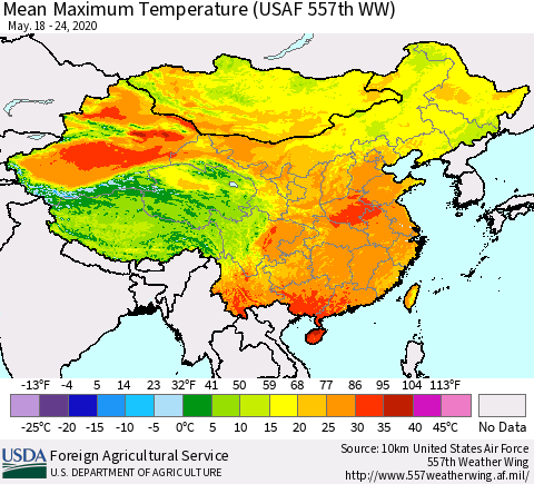 China, Mongolia and Taiwan Mean Maximum Temperature (USAF 557th WW) Thematic Map For 5/18/2020 - 5/24/2020
