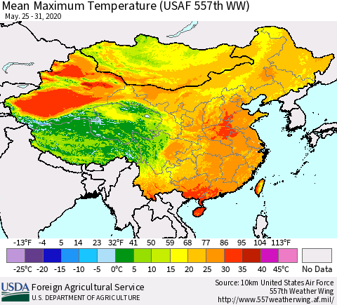 China, Mongolia and Taiwan Mean Maximum Temperature (USAF 557th WW) Thematic Map For 5/25/2020 - 5/31/2020