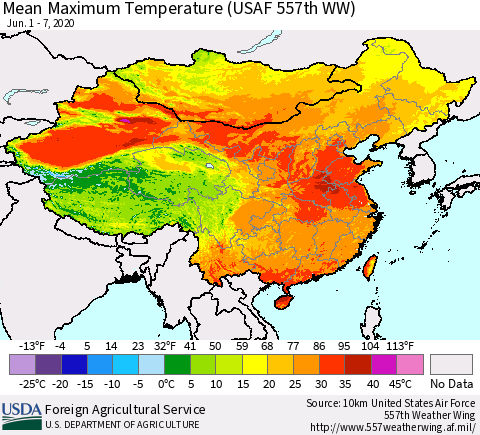 China, Mongolia and Taiwan Mean Maximum Temperature (USAF 557th WW) Thematic Map For 6/1/2020 - 6/7/2020