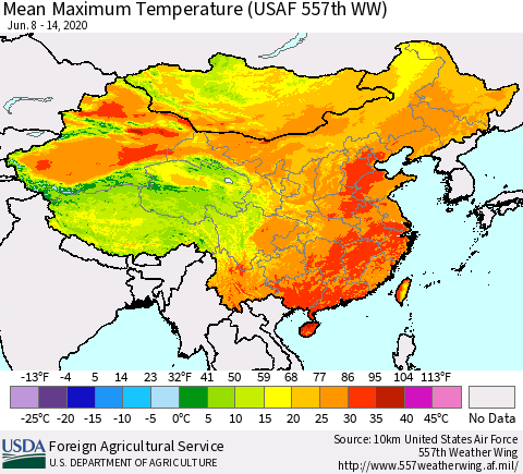 China, Mongolia and Taiwan Mean Maximum Temperature (USAF 557th WW) Thematic Map For 6/8/2020 - 6/14/2020