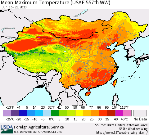 China, Mongolia and Taiwan Mean Maximum Temperature (USAF 557th WW) Thematic Map For 6/15/2020 - 6/21/2020