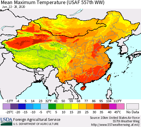 China, Mongolia and Taiwan Mean Maximum Temperature (USAF 557th WW) Thematic Map For 6/22/2020 - 6/28/2020