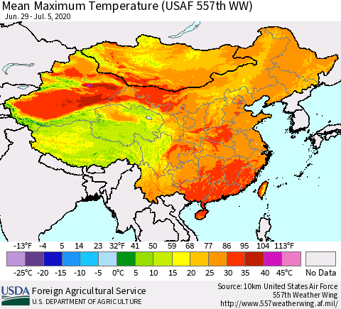 China, Mongolia and Taiwan Mean Maximum Temperature (USAF 557th WW) Thematic Map For 6/29/2020 - 7/5/2020