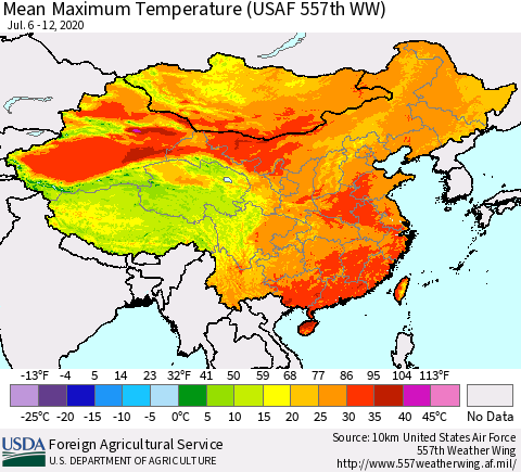 China, Mongolia and Taiwan Mean Maximum Temperature (USAF 557th WW) Thematic Map For 7/6/2020 - 7/12/2020