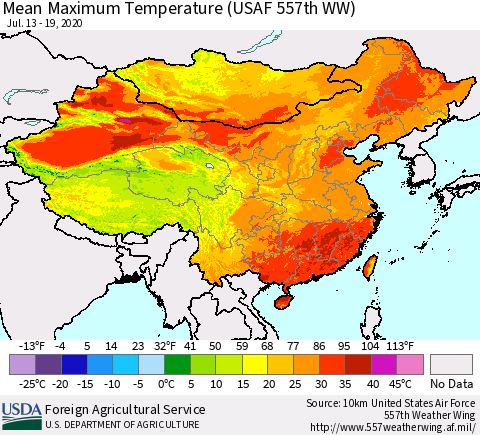China, Mongolia and Taiwan Mean Maximum Temperature (USAF 557th WW) Thematic Map For 7/13/2020 - 7/19/2020