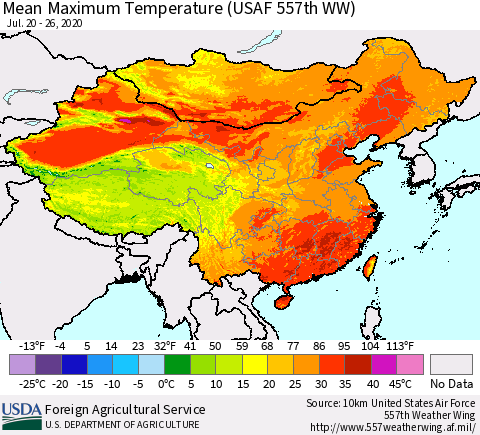 China, Mongolia and Taiwan Mean Maximum Temperature (USAF 557th WW) Thematic Map For 7/20/2020 - 7/26/2020