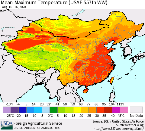 China, Mongolia and Taiwan Mean Maximum Temperature (USAF 557th WW) Thematic Map For 8/10/2020 - 8/16/2020
