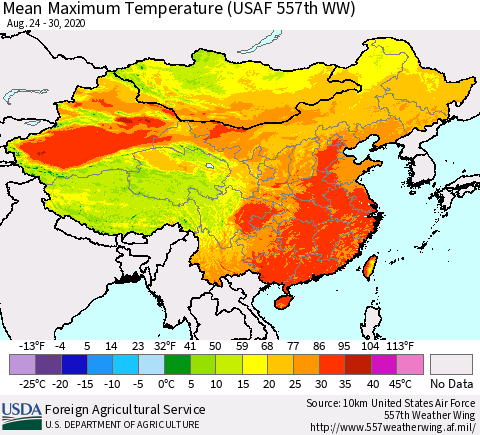 China, Mongolia and Taiwan Mean Maximum Temperature (USAF 557th WW) Thematic Map For 8/24/2020 - 8/30/2020