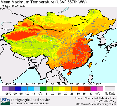 China, Mongolia and Taiwan Mean Maximum Temperature (USAF 557th WW) Thematic Map For 8/31/2020 - 9/6/2020