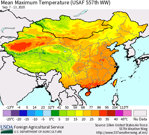 China, Mongolia and Taiwan Mean Maximum Temperature (USAF 557th WW) Thematic Map For 9/7/2020 - 9/13/2020
