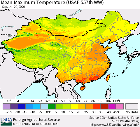 China, Mongolia and Taiwan Mean Maximum Temperature (USAF 557th WW) Thematic Map For 9/14/2020 - 9/20/2020