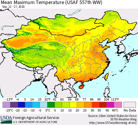 China, Mongolia and Taiwan Mean Maximum Temperature (USAF 557th WW) Thematic Map For 9/21/2020 - 9/27/2020