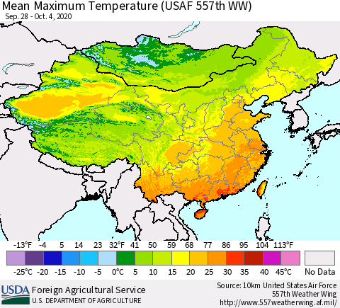 China, Mongolia and Taiwan Mean Maximum Temperature (USAF 557th WW) Thematic Map For 9/28/2020 - 10/4/2020