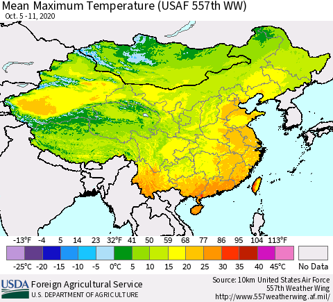 China, Mongolia and Taiwan Mean Maximum Temperature (USAF 557th WW) Thematic Map For 10/5/2020 - 10/11/2020