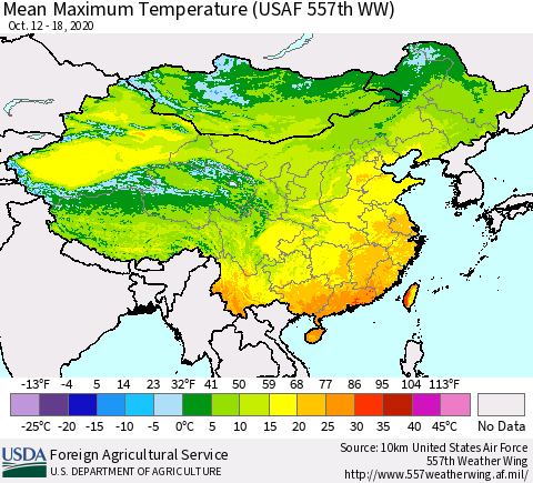 China, Mongolia and Taiwan Mean Maximum Temperature (USAF 557th WW) Thematic Map For 10/12/2020 - 10/18/2020