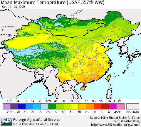 China, Mongolia and Taiwan Mean Maximum Temperature (USAF 557th WW) Thematic Map For 10/19/2020 - 10/25/2020