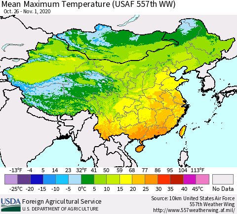 China, Mongolia and Taiwan Mean Maximum Temperature (USAF 557th WW) Thematic Map For 10/26/2020 - 11/1/2020