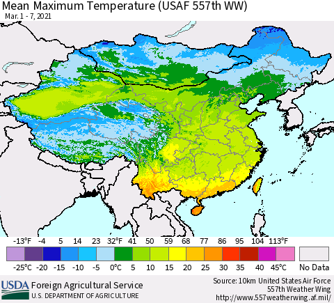 China, Mongolia and Taiwan Mean Maximum Temperature (USAF 557th WW) Thematic Map For 3/1/2021 - 3/7/2021