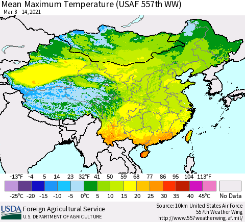 China, Mongolia and Taiwan Mean Maximum Temperature (USAF 557th WW) Thematic Map For 3/8/2021 - 3/14/2021