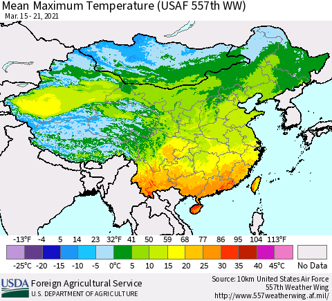 China, Mongolia and Taiwan Mean Maximum Temperature (USAF 557th WW) Thematic Map For 3/15/2021 - 3/21/2021