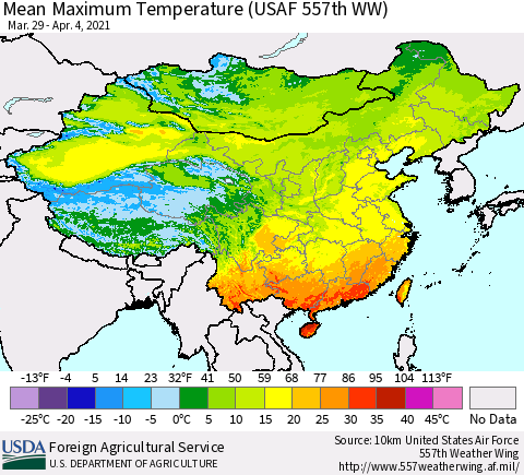 China, Mongolia and Taiwan Mean Maximum Temperature (USAF 557th WW) Thematic Map For 3/29/2021 - 4/4/2021