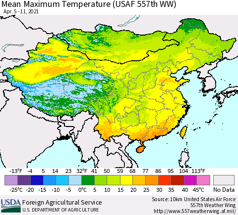 China, Mongolia and Taiwan Mean Maximum Temperature (USAF 557th WW) Thematic Map For 4/5/2021 - 4/11/2021