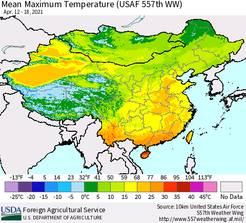 China, Mongolia and Taiwan Mean Maximum Temperature (USAF 557th WW) Thematic Map For 4/12/2021 - 4/18/2021