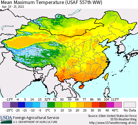 China, Mongolia and Taiwan Mean Maximum Temperature (USAF 557th WW) Thematic Map For 4/19/2021 - 4/25/2021