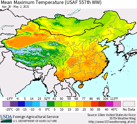 China, Mongolia and Taiwan Mean Maximum Temperature (USAF 557th WW) Thematic Map For 4/26/2021 - 5/2/2021