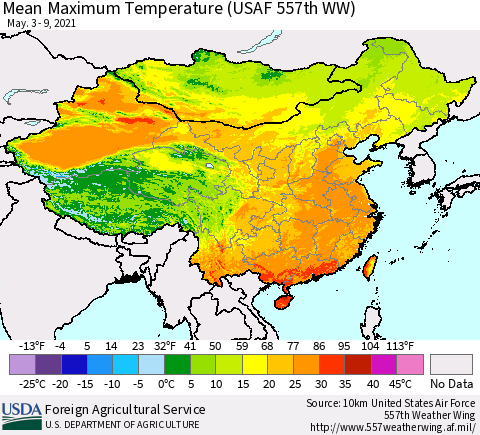 China, Mongolia and Taiwan Mean Maximum Temperature (USAF 557th WW) Thematic Map For 5/3/2021 - 5/9/2021
