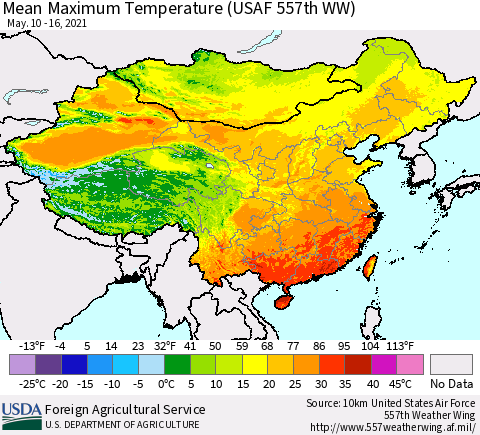 China, Mongolia and Taiwan Mean Maximum Temperature (USAF 557th WW) Thematic Map For 5/10/2021 - 5/16/2021