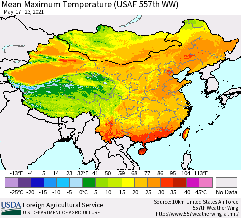 China, Mongolia and Taiwan Mean Maximum Temperature (USAF 557th WW) Thematic Map For 5/17/2021 - 5/23/2021