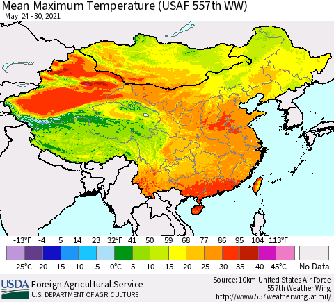 China, Mongolia and Taiwan Mean Maximum Temperature (USAF 557th WW) Thematic Map For 5/24/2021 - 5/30/2021