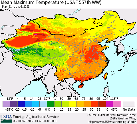 China, Mongolia and Taiwan Mean Maximum Temperature (USAF 557th WW) Thematic Map For 5/31/2021 - 6/6/2021