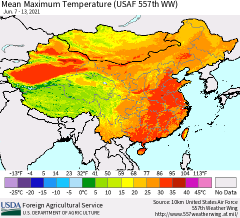 China, Mongolia and Taiwan Mean Maximum Temperature (USAF 557th WW) Thematic Map For 6/7/2021 - 6/13/2021