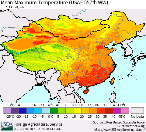 China, Mongolia and Taiwan Mean Maximum Temperature (USAF 557th WW) Thematic Map For 6/14/2021 - 6/20/2021