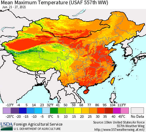 China, Mongolia and Taiwan Mean Maximum Temperature (USAF 557th WW) Thematic Map For 6/21/2021 - 6/27/2021