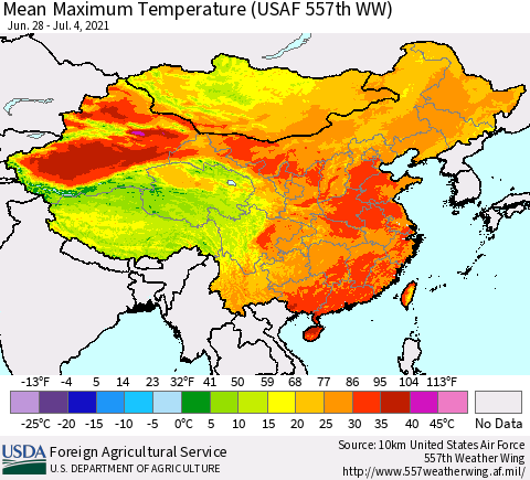 China, Mongolia and Taiwan Mean Maximum Temperature (USAF 557th WW) Thematic Map For 6/28/2021 - 7/4/2021