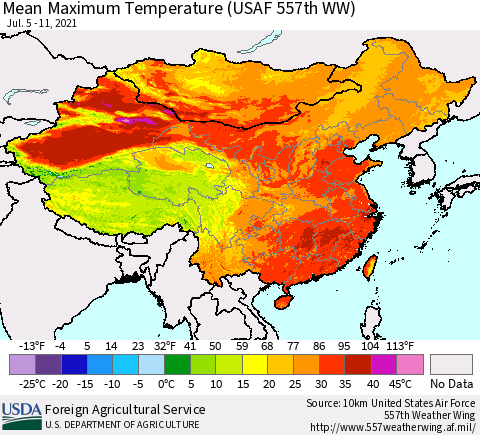China, Mongolia and Taiwan Mean Maximum Temperature (USAF 557th WW) Thematic Map For 7/5/2021 - 7/11/2021