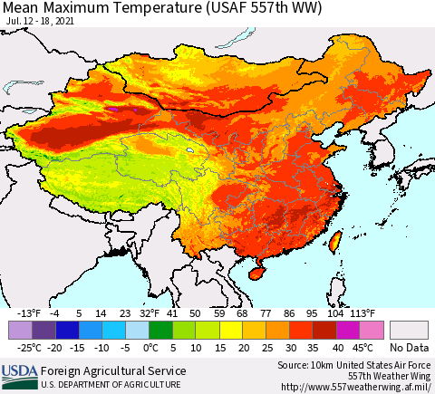 China, Mongolia and Taiwan Mean Maximum Temperature (USAF 557th WW) Thematic Map For 7/12/2021 - 7/18/2021