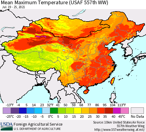 China, Mongolia and Taiwan Mean Maximum Temperature (USAF 557th WW) Thematic Map For 7/19/2021 - 7/25/2021
