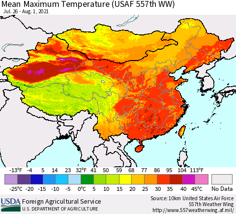 China, Mongolia and Taiwan Mean Maximum Temperature (USAF 557th WW) Thematic Map For 7/26/2021 - 8/1/2021