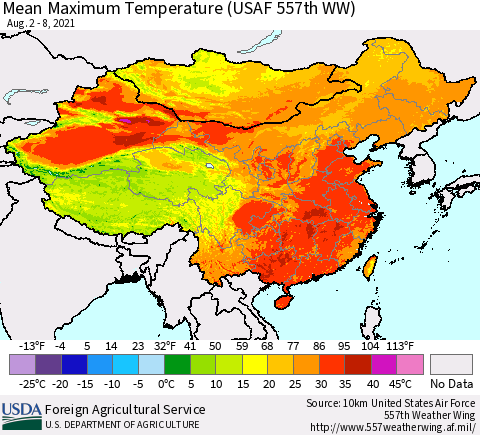 China, Mongolia and Taiwan Mean Maximum Temperature (USAF 557th WW) Thematic Map For 8/2/2021 - 8/8/2021