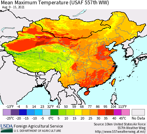 China, Mongolia and Taiwan Mean Maximum Temperature (USAF 557th WW) Thematic Map For 8/9/2021 - 8/15/2021