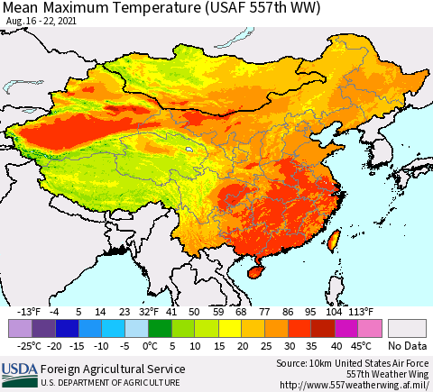 China, Mongolia and Taiwan Mean Maximum Temperature (USAF 557th WW) Thematic Map For 8/16/2021 - 8/22/2021