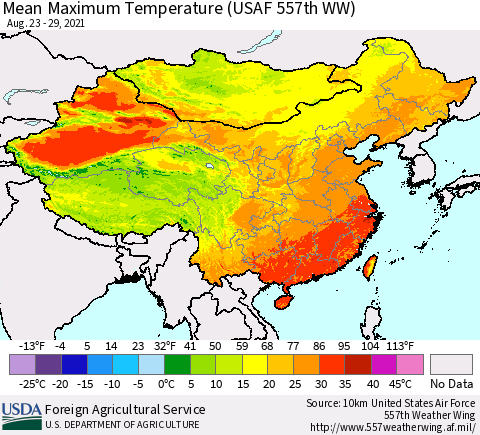 China, Mongolia and Taiwan Mean Maximum Temperature (USAF 557th WW) Thematic Map For 8/23/2021 - 8/29/2021