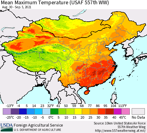 China, Mongolia and Taiwan Mean Maximum Temperature (USAF 557th WW) Thematic Map For 8/30/2021 - 9/5/2021