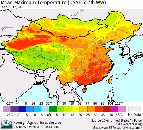 China, Mongolia and Taiwan Mean Maximum Temperature (USAF 557th WW) Thematic Map For 9/6/2021 - 9/12/2021