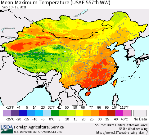 China, Mongolia and Taiwan Mean Maximum Temperature (USAF 557th WW) Thematic Map For 9/13/2021 - 9/19/2021