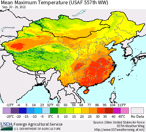 China, Mongolia and Taiwan Mean Maximum Temperature (USAF 557th WW) Thematic Map For 9/20/2021 - 9/26/2021